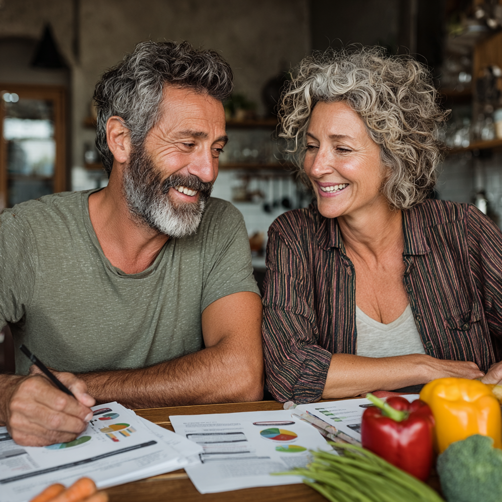 Fit couple in their late 40s reviewing personalized meal plans together at dining table, smiling and discussing healthy food options with nutritional charts